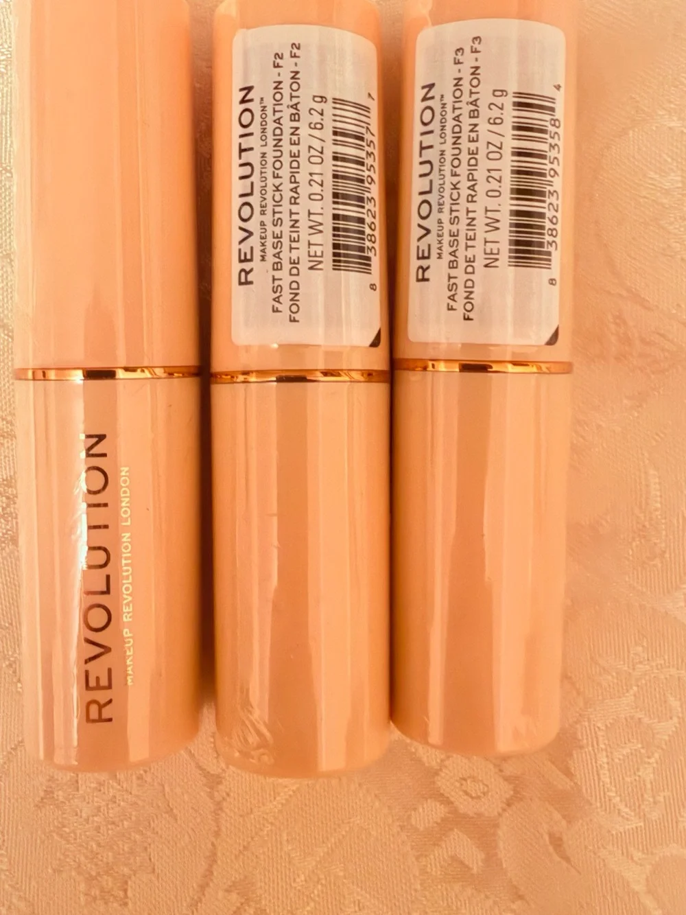 Makeup Revolution Fast Base Stick Foundation tubes, in shades F1; F2; F3